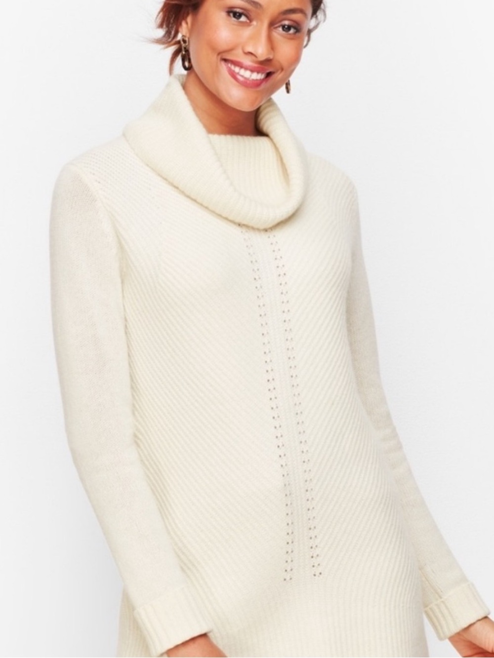 BOGO! NWT Talbots Pure Cashmere Pointelle Knit Cowl Neck Sweater Cream XL